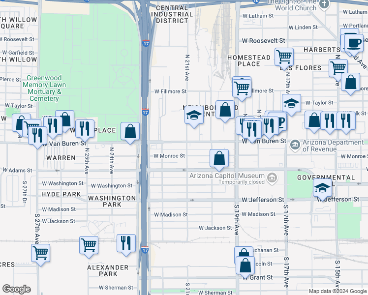 map of restaurants, bars, coffee shops, grocery stores, and more near 320 North 20th Drive in Phoenix