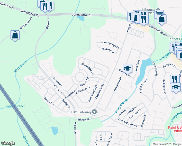 map of restaurants, bars, coffee shops, grocery stores, and more near 2513 Shropshire Place in McDonough