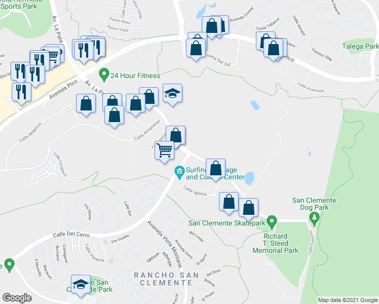 map of restaurants, bars, coffee shops, grocery stores, and more near Avenida La Pata & Calle Del Cerro in San Clemente