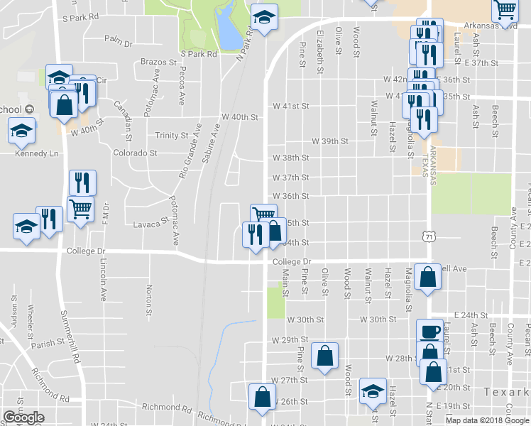 map of restaurants, bars, coffee shops, grocery stores, and more near 3504 Texas Boulevard in Texarkana