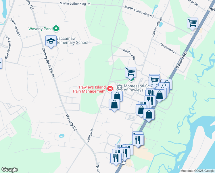 map of restaurants, bars, coffee shops, grocery stores, and more near 1184 Petigru Drive in Pawleys Island