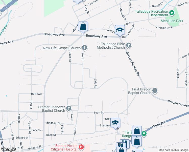 map of restaurants, bars, coffee shops, grocery stores, and more near 155 Lide Road in Talladega