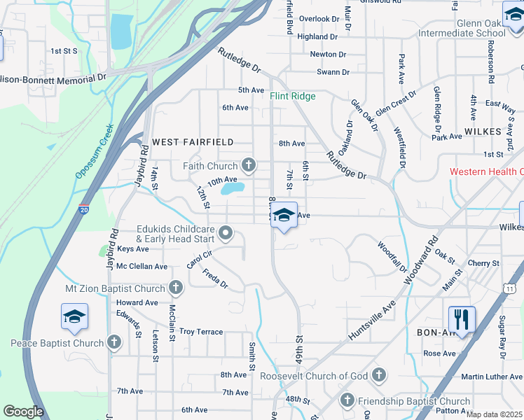 map of restaurants, bars, coffee shops, grocery stores, and more near 801 11th Avenue in Midfield