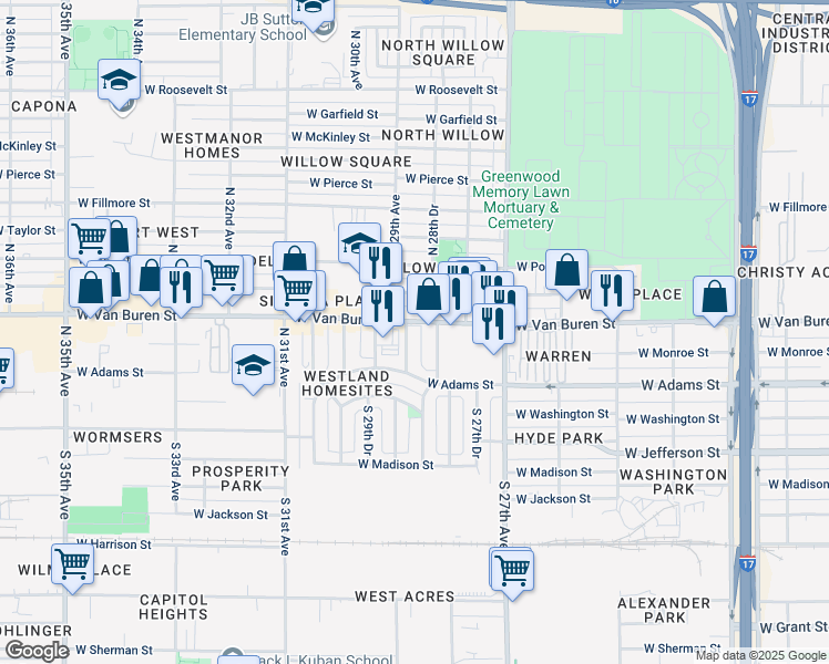 map of restaurants, bars, coffee shops, grocery stores, and more near 2812 West Van Buren Street in Phoenix