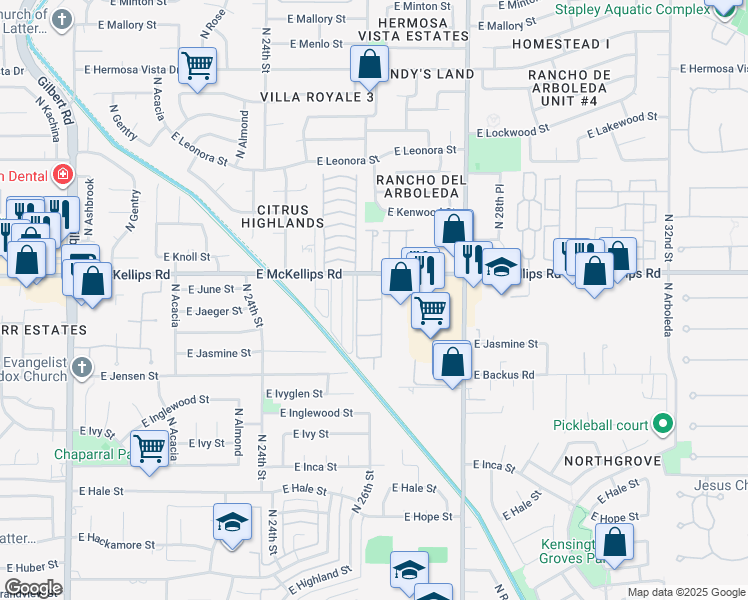 map of restaurants, bars, coffee shops, grocery stores, and more near 2641 East McKellips Road in Mesa