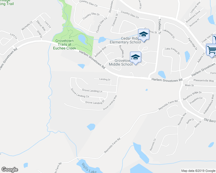 map of restaurants, bars, coffee shops, grocery stores, and more near 123 Grove Landing Court in Grovetown