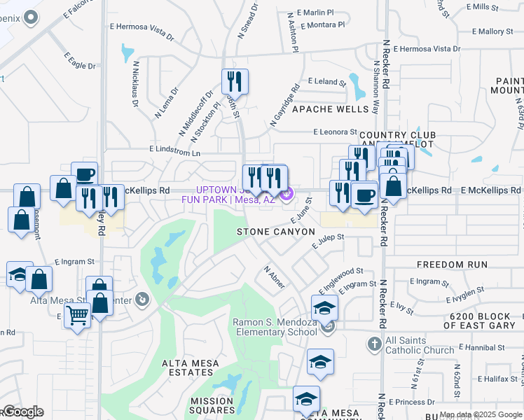 map of restaurants, bars, coffee shops, grocery stores, and more near 5625 East McKellips Road in Mesa