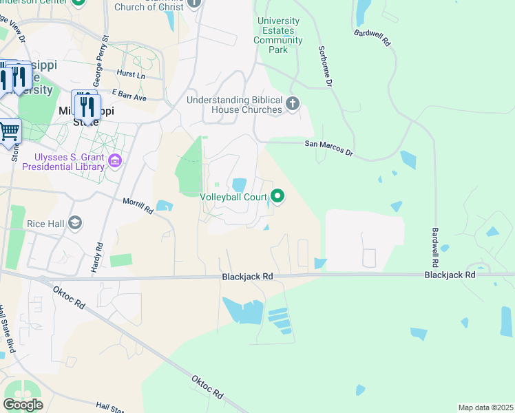 map of restaurants, bars, coffee shops, grocery stores, and more near Mary Lee Lane in Starkville