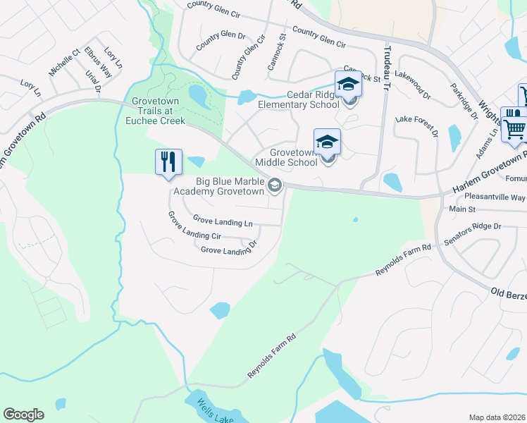 map of restaurants, bars, coffee shops, grocery stores, and more near 801 Landing Drive in Grovetown