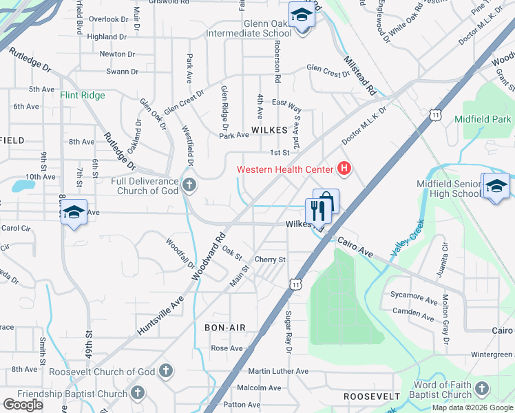 map of restaurants, bars, coffee shops, grocery stores, and more near 1023 Woodward Road in Midfield