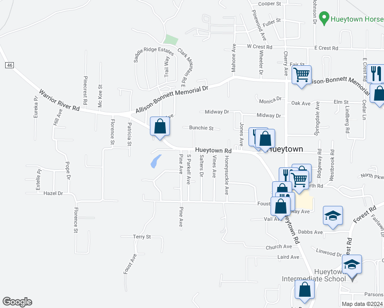 map of restaurants, bars, coffee shops, grocery stores, and more near 664 South Parkell Avenue in Hueytown