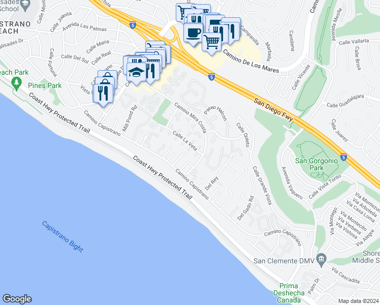 map of restaurants, bars, coffee shops, grocery stores, and more near 3327 Calle La Veta in San Clemente