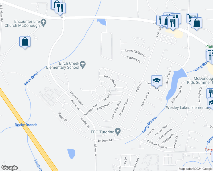 map of restaurants, bars, coffee shops, grocery stores, and more near 2413 Cornell Circle in McDonough