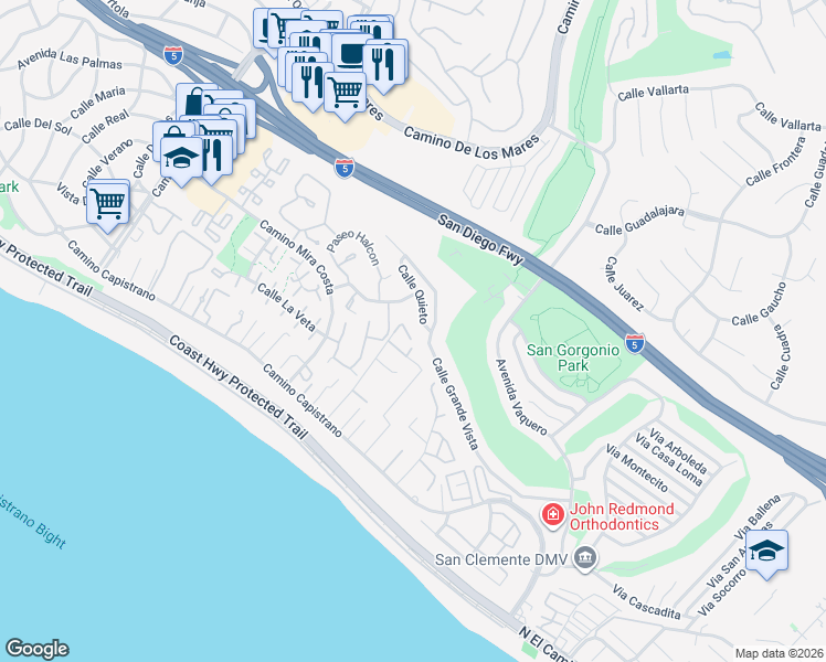 map of restaurants, bars, coffee shops, grocery stores, and more near 35209 Del Rey in Dana Point