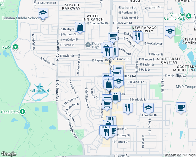 map of restaurants, bars, coffee shops, grocery stores, and more near 801 East McKellips Road in Tempe