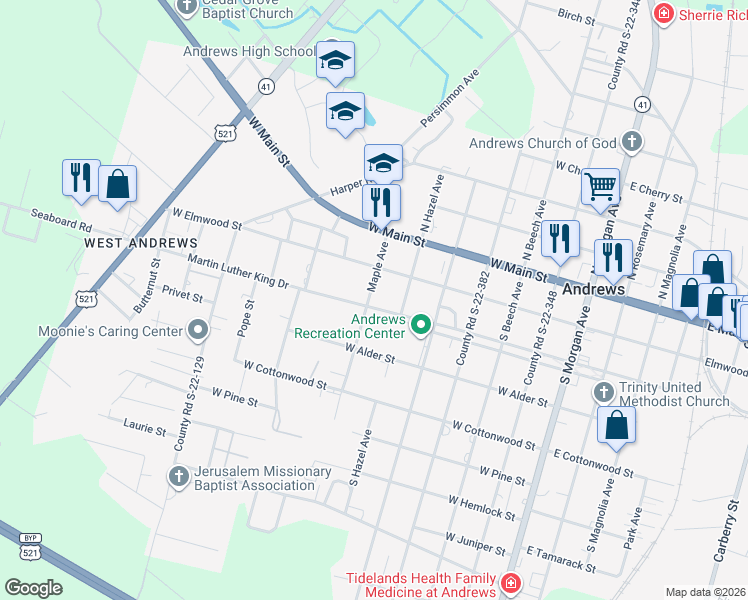 map of restaurants, bars, coffee shops, grocery stores, and more near 109 South Maple Avenue in Andrews