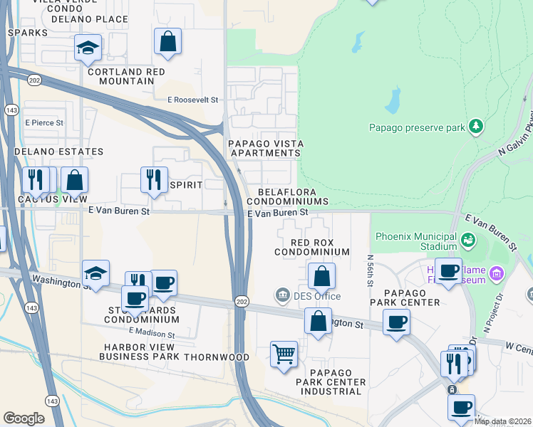 map of restaurants, bars, coffee shops, grocery stores, and more near 5202 East Van Buren Street in Phoenix
