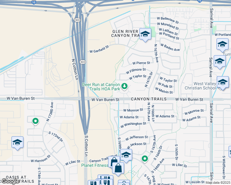 map of restaurants, bars, coffee shops, grocery stores, and more near 428 North 169th Avenue in Goodyear