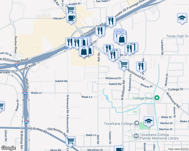 map of restaurants, bars, coffee shops, grocery stores, and more near 625 Belt Road in Texarkana