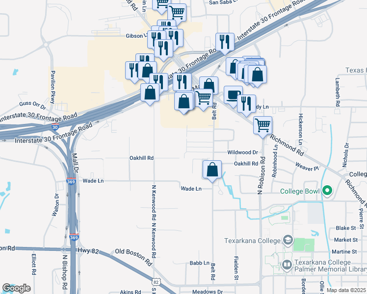 map of restaurants, bars, coffee shops, grocery stores, and more near 701 Champion Place in Texarkana