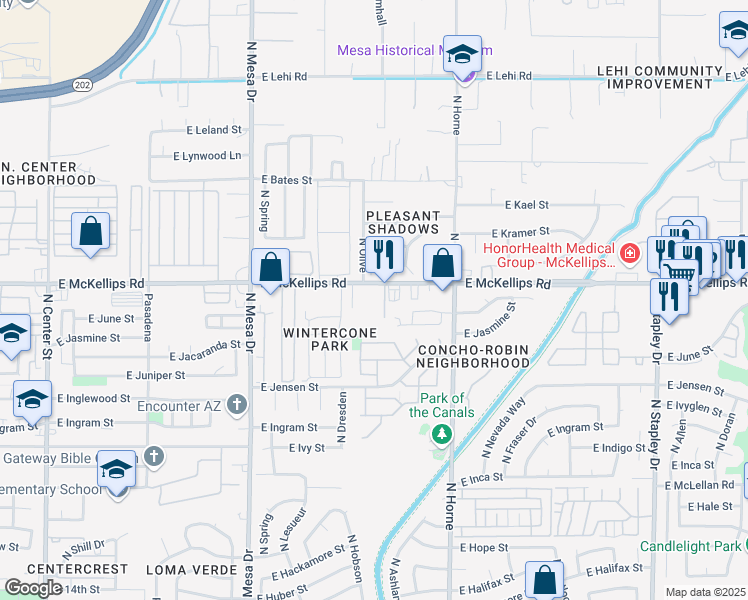 map of restaurants, bars, coffee shops, grocery stores, and more near 625 East McKellips Road in Mesa