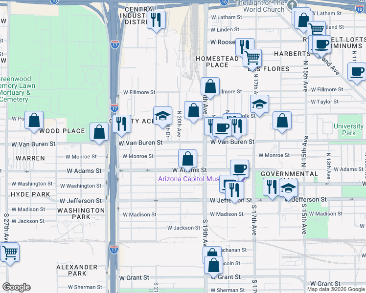 map of restaurants, bars, coffee shops, grocery stores, and more near 2002 West Van Buren Street in Phoenix