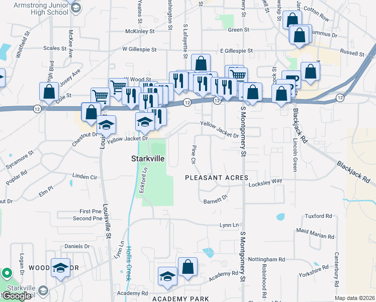 map of restaurants, bars, coffee shops, grocery stores, and more near 801 Pine Circle in Starkville