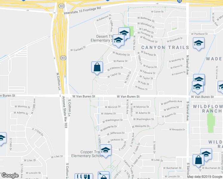 map of restaurants, bars, coffee shops, grocery stores, and more near 357 North 168th Drive in Goodyear