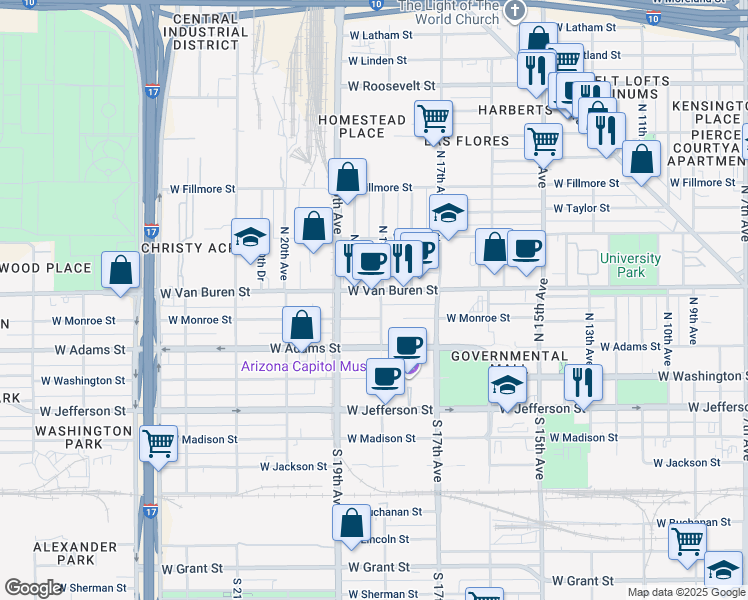map of restaurants, bars, coffee shops, grocery stores, and more near 1746 West Van Buren Street in Phoenix