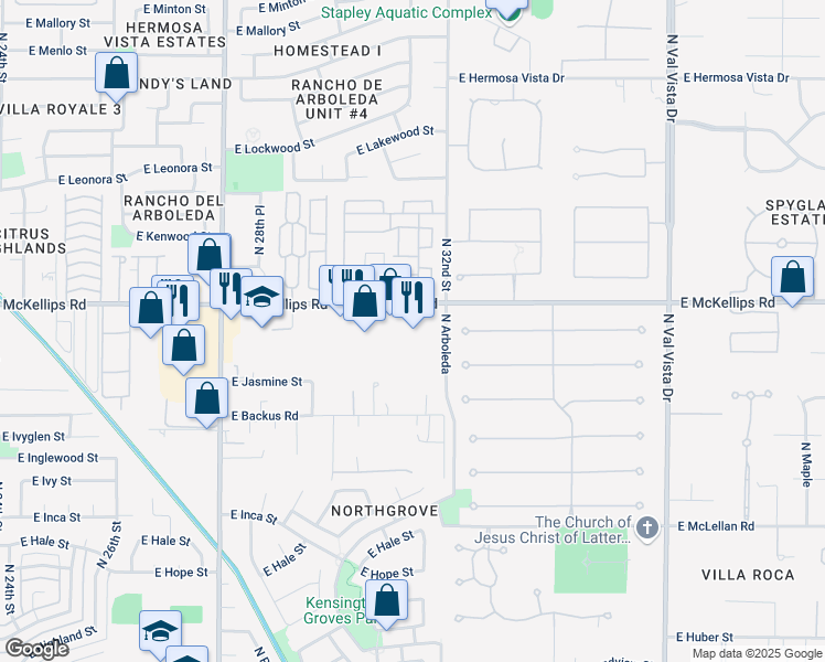 map of restaurants, bars, coffee shops, grocery stores, and more near 3129 East McKellips Road in Mesa