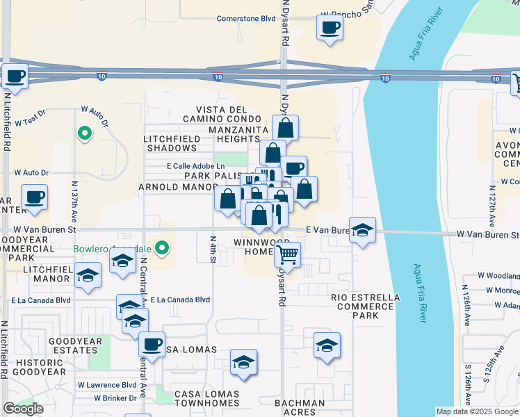 map of restaurants, bars, coffee shops, grocery stores, and more near 490 North Dysart Road in Goodyear