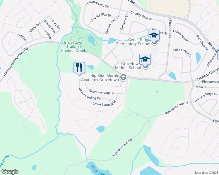 map of restaurants, bars, coffee shops, grocery stores, and more near 829 Landing Drive in Grovetown