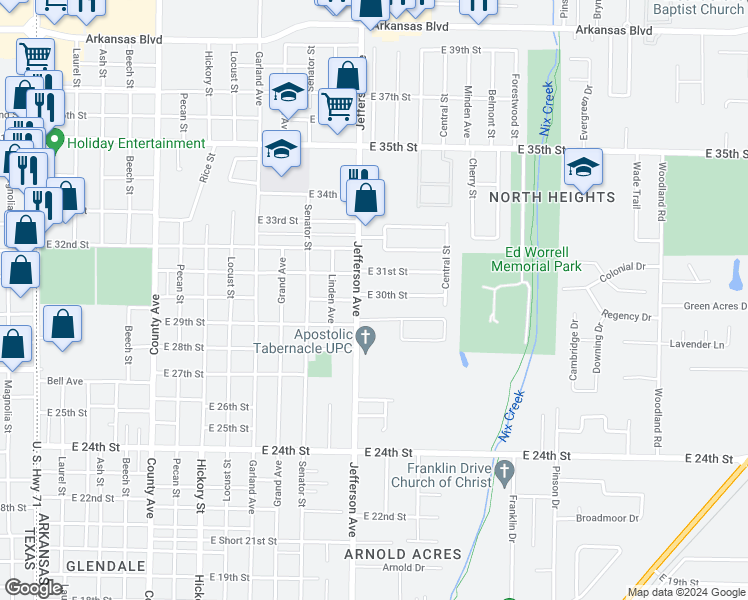 map of restaurants, bars, coffee shops, grocery stores, and more near 1304 East 30th Street in Texarkana