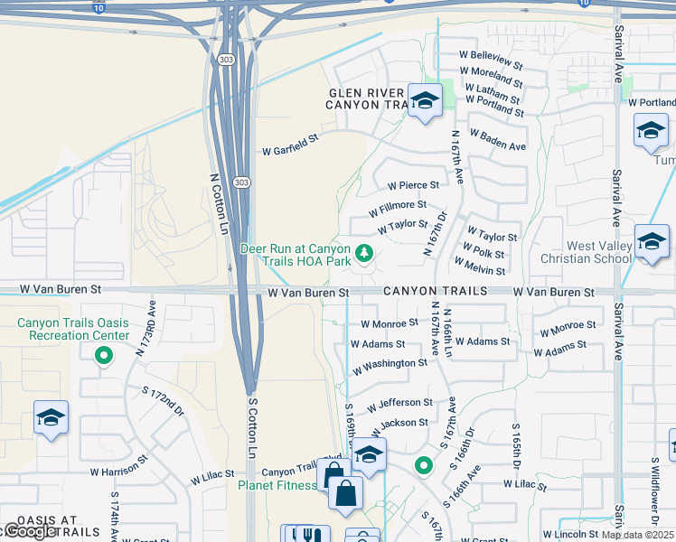 map of restaurants, bars, coffee shops, grocery stores, and more near 428 North 169th Avenue in Goodyear