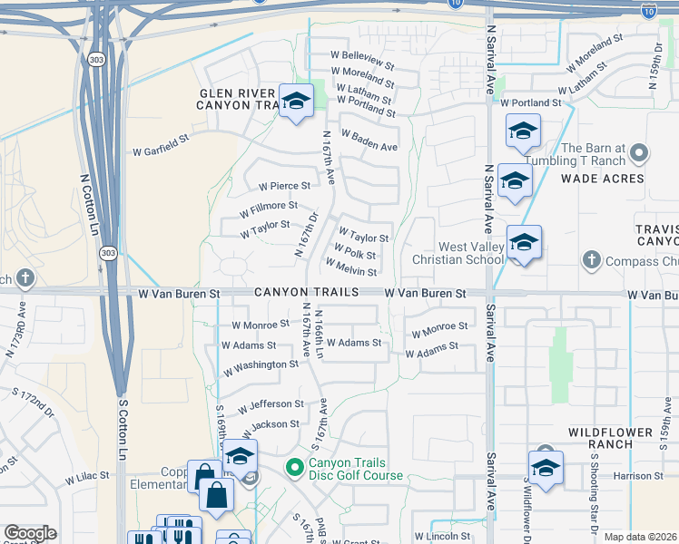 map of restaurants, bars, coffee shops, grocery stores, and more near 16633 West Melvin Street in Goodyear