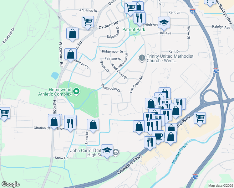 map of restaurants, bars, coffee shops, grocery stores, and more near 1064 Sherbrooke Drive in Birmingham