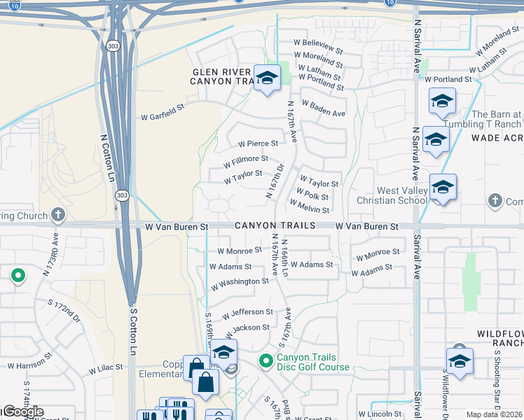 map of restaurants, bars, coffee shops, grocery stores, and more near 16733 West Melvin Street in Goodyear