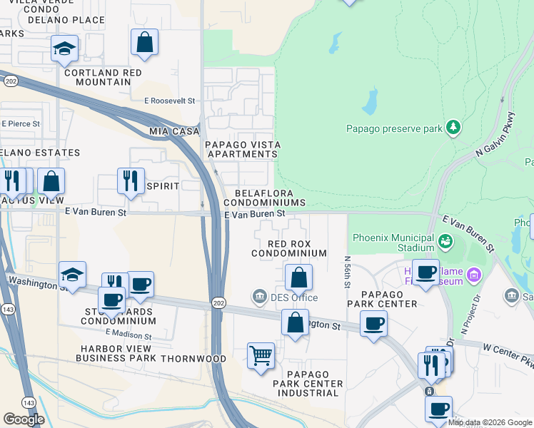 map of restaurants, bars, coffee shops, grocery stores, and more near 5302 East Van Buren Street in Phoenix