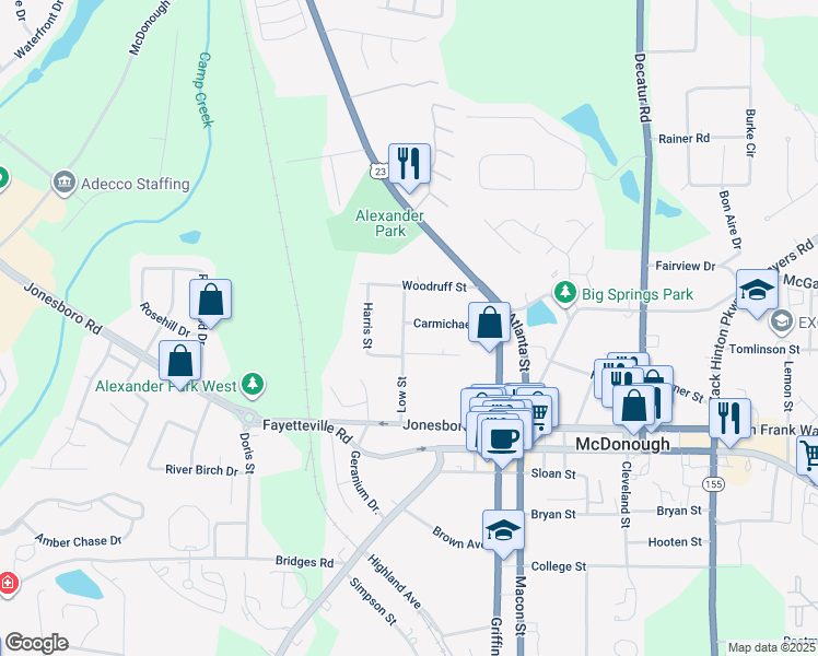 map of restaurants, bars, coffee shops, grocery stores, and more near 102 Carmichael Street in McDonough