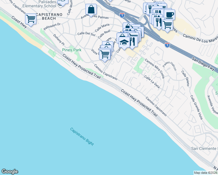 map of restaurants, bars, coffee shops, grocery stores, and more near 35235 Beach Road in Dana Point