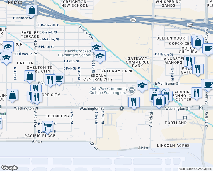 map of restaurants, bars, coffee shops, grocery stores, and more near 3702 East Van Buren Street in Phoenix