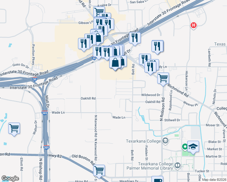 map of restaurants, bars, coffee shops, grocery stores, and more near 701 Champion Place in Texarkana