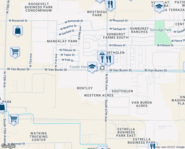 map of restaurants, bars, coffee shops, grocery stores, and more near 6707 West Van Buren Street in Phoenix