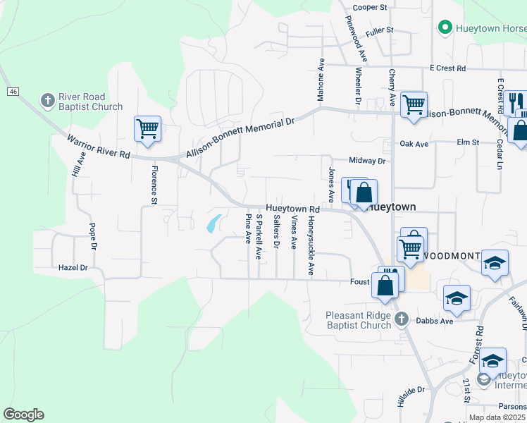 map of restaurants, bars, coffee shops, grocery stores, and more near 676 South Parkell Avenue in Hueytown