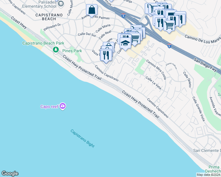 map of restaurants, bars, coffee shops, grocery stores, and more near 35241 Beach Road in Dana Point