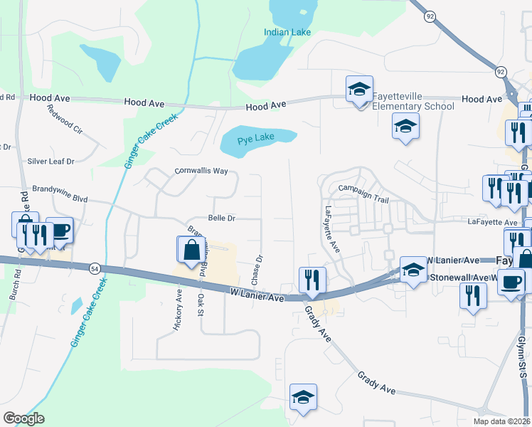 map of restaurants, bars, coffee shops, grocery stores, and more near 280 Chase Drive in Fayetteville