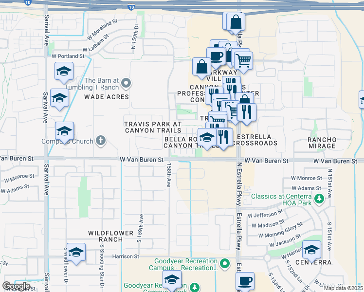 map of restaurants, bars, coffee shops, grocery stores, and more near 381 North 157th Drive in Goodyear