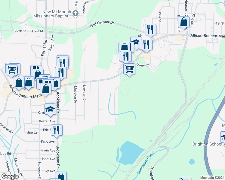 map of restaurants, bars, coffee shops, grocery stores, and more near 1980 Townhouse Lane in Hueytown