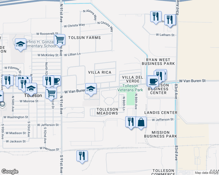 map of restaurants, bars, coffee shops, grocery stores, and more near 8707 West Stanley A Goff Drive in Tolleson