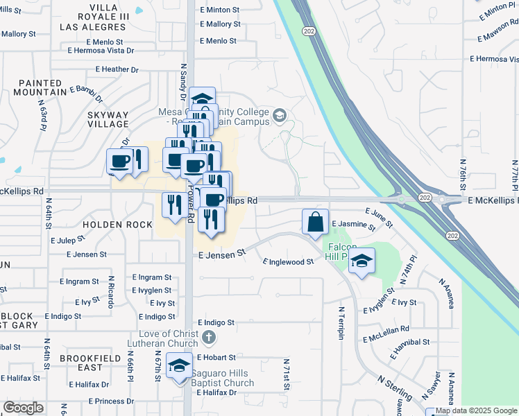 map of restaurants, bars, coffee shops, grocery stores, and more near 7006 East Jensen Street in Mesa